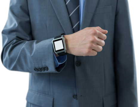 Midsection of businessman showing his smart watch
