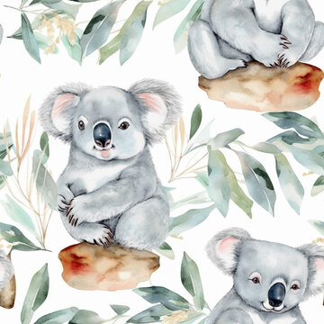 A water colour of a very cute, pretty koala bear seamless pattern