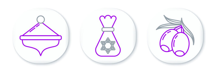 Set line Olives branch, Hanukkah dreidel and Jewish money bag with star of david icon. Vector