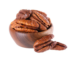 Pecan nuts in wooden bowl, isolated on white background. Shelled pecan. Clipping path.