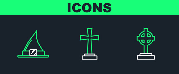 Set line Tombstone with cross, Witch hat and icon. Vector