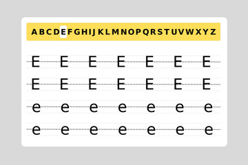 Trace letter E uppercase and lowercase. Alphabet tracing practice preschool worksheet for kids learning English with the alphabet. Coloring book for Pre K, kindergarten. Vector illustration