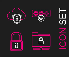 Set line FTP folder and lock, Lock, Password protection safety access and Cloud shield icon. Vector