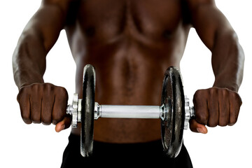 Mid section of fit shirtless man holding dumbbell