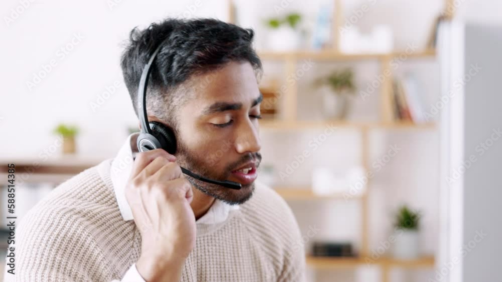 Poster businessman, call center and consulting with headphones on computer in customer service or support a