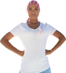 Woman wearing mantra scarf posing on white background