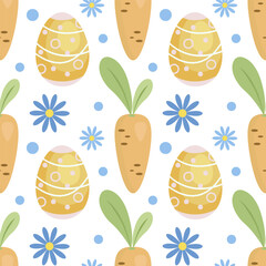 Carrots, flowers and decorated egg seamless pattern for Easter. Orange carrot and yellow egg with polka dots, blue flowers. Endless pattern can be used for ceramic, fabric, covers, wrapping paper