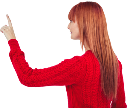 Smiling hipster woman pointing something