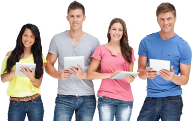 A group of people standing with their tablets in their hands