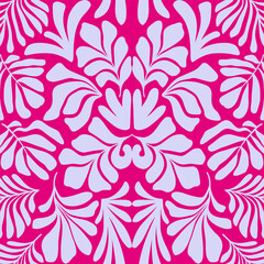 Purple pink abstract background with tropical palm leaves in Matisse style. Vector seamless pattern with Scandinavian cut out elements.