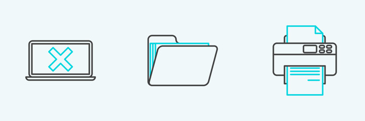 Obraz premium Set line Printer, Laptop and cross mark on screen and Document folder icon. Vector