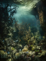 Fototapeta na wymiar The slowmoving murky waters hide a magical world of underwater life.. AI generation.