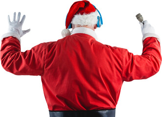 Rear view of Santa Claus listening to music