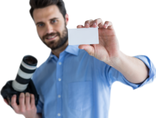 Happy man showing identity card while holding camera