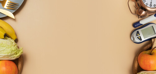 Glucose meter with cutlery and alarm clock on beige background with copy space flat lay, top view