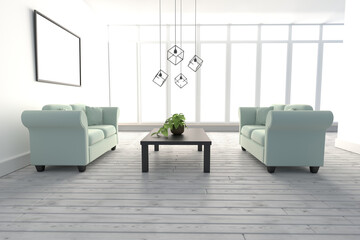 Blue sofas on floor in modern living room