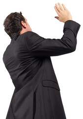 Businessman posing with arms raised