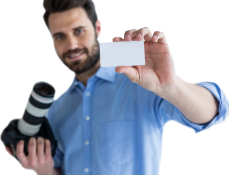 Happy man showing identity card while holding camera - Powered by Adobe