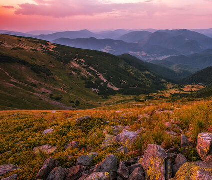 summer nature scenery, scenic sunset view in the mountains