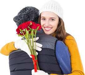 Couple hugging each other with red roses