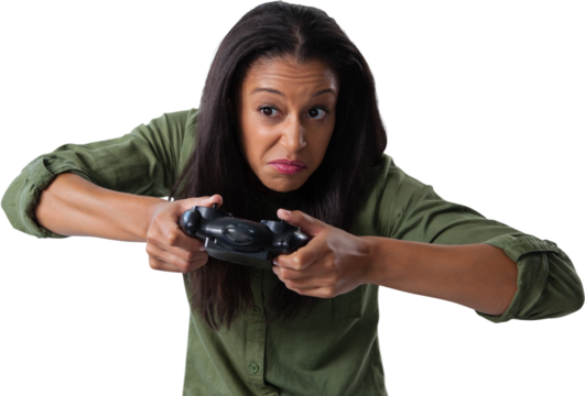 Woman making funny faces while playing video games