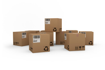 Group of computer generated brown cardboard boxes