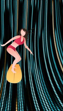 Animation of cartoon female surfer over black background with yellow and green lights