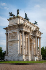 Fototapeta na wymiar The Arco della Pace is a triumphal arch in Milan located at the beginning of Corso Sempione.