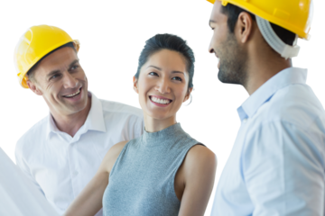 Happy architect discussing over blueprint