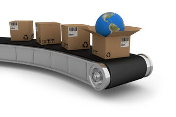 Brown cardboard boxes with globe on 3D conveyor belt