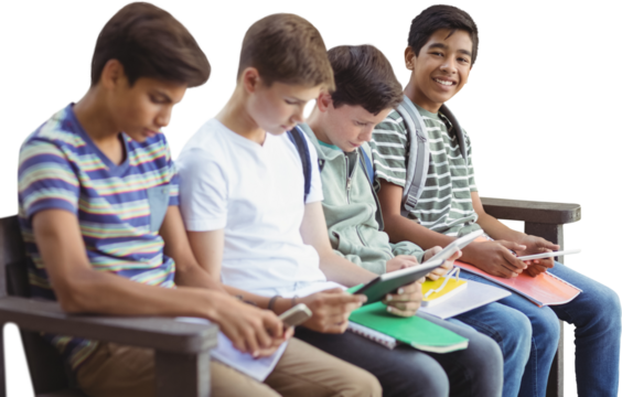 Friends using digital tablets on bench