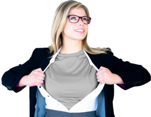 Businesswoman opening shirt in superhero style