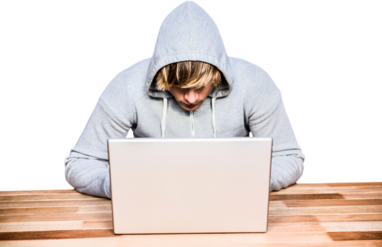  Man in hood jacket hacking a laptop