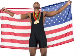 Athlete posing with gold medals after victory