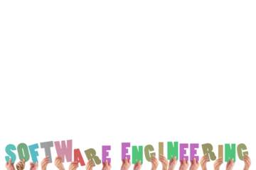 Colorful alphabet spelling software engineering held up by people