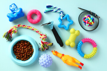 Fototapeta na wymiar Pet toys and food on blue background. Dog toys, grooming supplies, accessories. Top view. Flat lay.