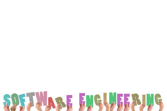 Colorful alphabet spelling software engineering held up by people 