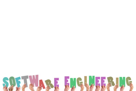 Colorful alphabet spelling software engineering held up by people  - Powered by Adobe