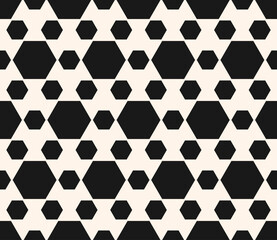 Monochrome seamless pattern, vector abstract endless black and white geometric background. Simple modern wallpaper with different sized hexagons. Repeat tiles. Design for print, furniture, fabric