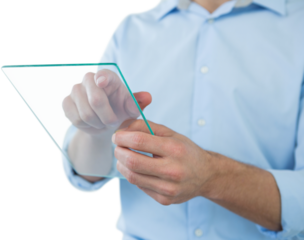 Midsection of man using futuristic digital tablet