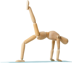 Wooden 3d figurine in yoga posture on exercise mat