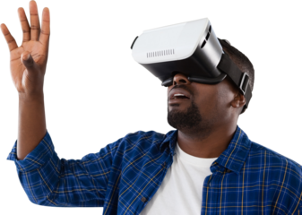 Man gesturing while using virtual reality headset