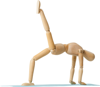 Wooden 3d figurine in yoga posture on exercise mat