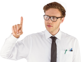 Geeky businessman smiling and pointing