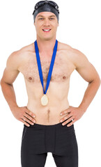 Victories swimmer posing with gold medal around his neck