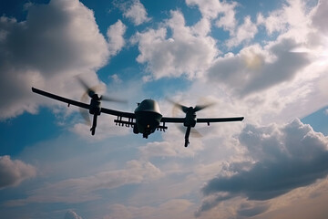 Fototapeta na wymiar military RC military drone flies against backdrop of beautiful clouds on blue sky background, created with Generative AI