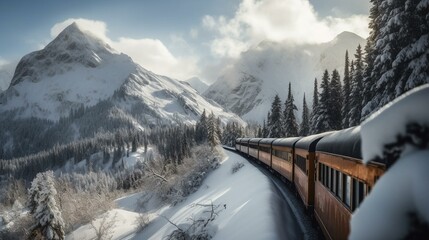 A scenic train journey through a snow-covered mountain range. Generative AI