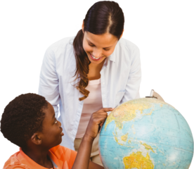Teacher and boy looking at globe in library