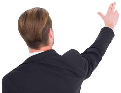 Rear view of businessman pointing with his fingers - Powered by Adobe