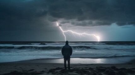 Obraz na płótnie Canvas A person standing on a beach watching a stormy sea with lightning in the background. Generative AI